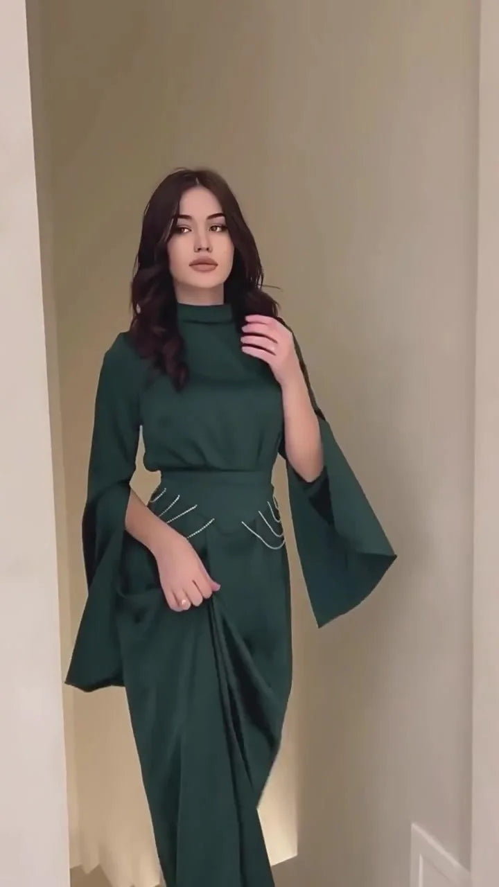 Elegant Satin Lantern Sleeve Dress