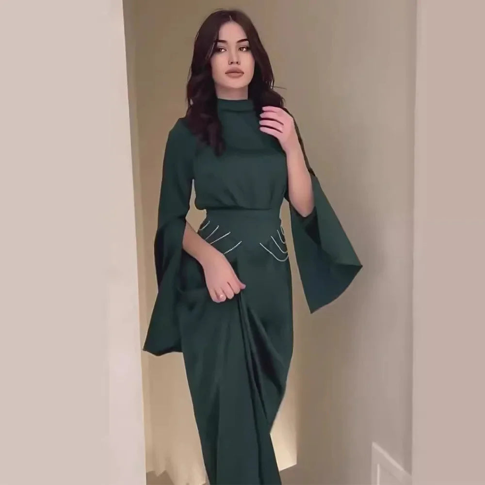 Elegant Satin Lantern Sleeve Dress