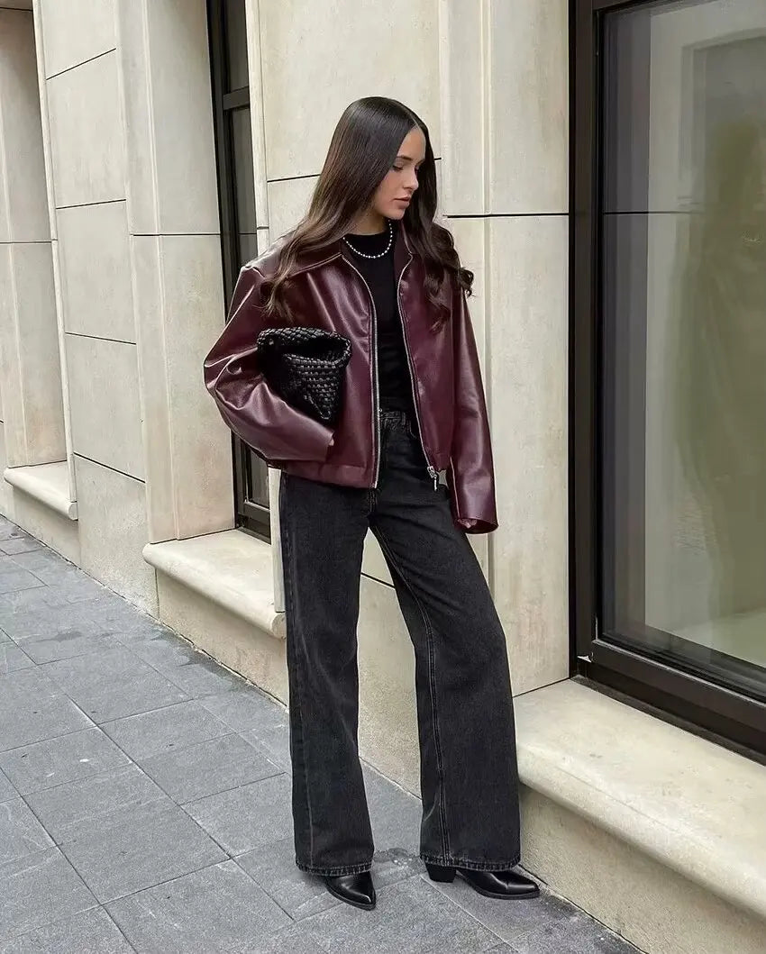 HH Wine Red Faux Leather Jakcet Fashion Outerwear Thicken Zipper Lapel Pu Coats Autumn Winter Streetwear Ladies Tops Women