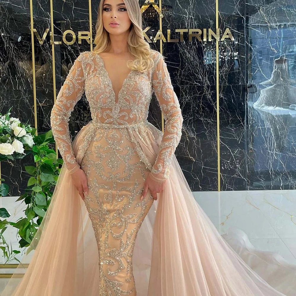 Luxurious Gold Sequin Appliques Evening Dress