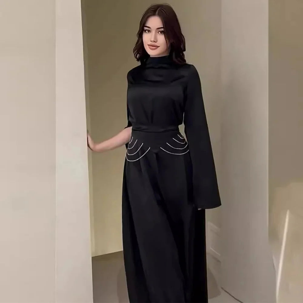 Elegant Satin Lantern Sleeve Dress